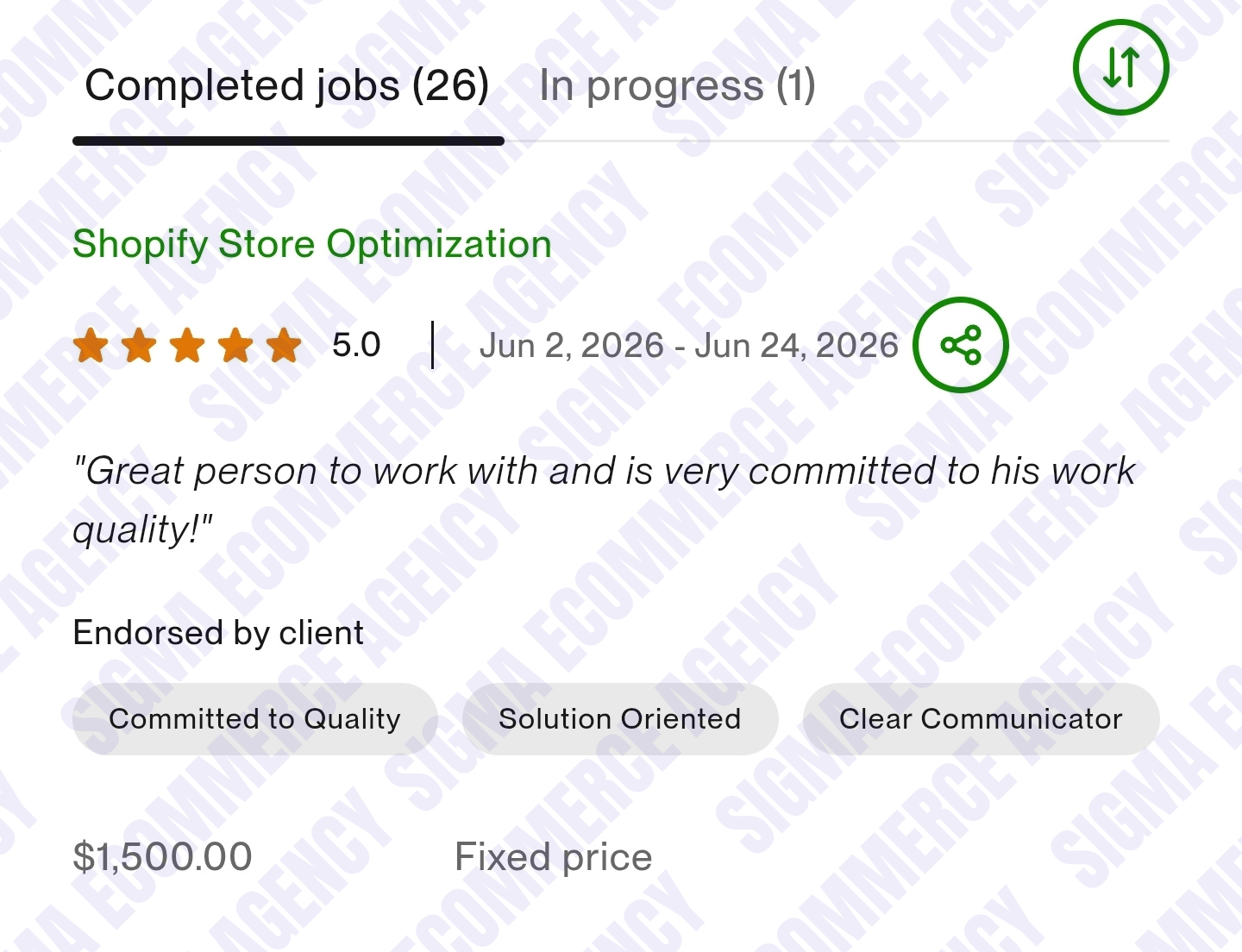 5-star Upwork review — Shopify Store Optimization endorsed by client