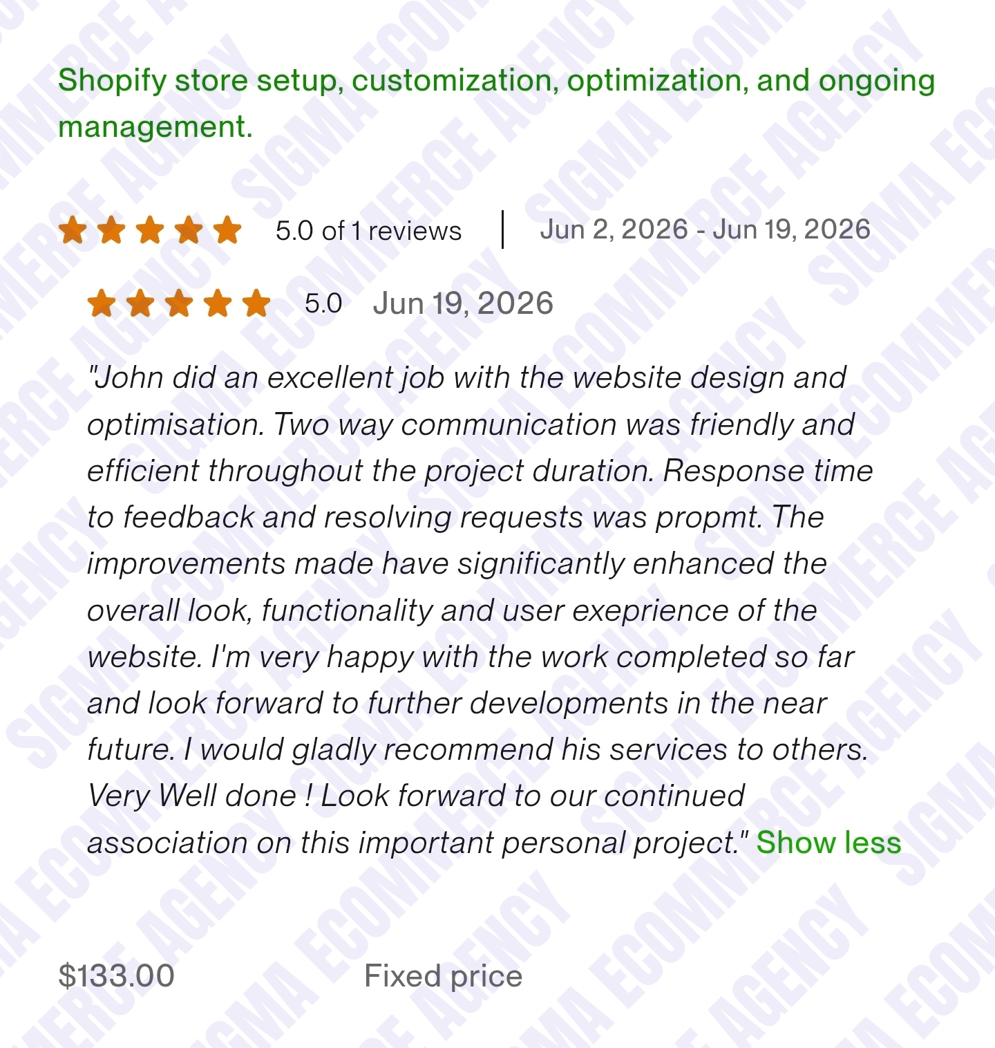5-star Upwork review — Shopify store setup, customization and optimization by John Ojo