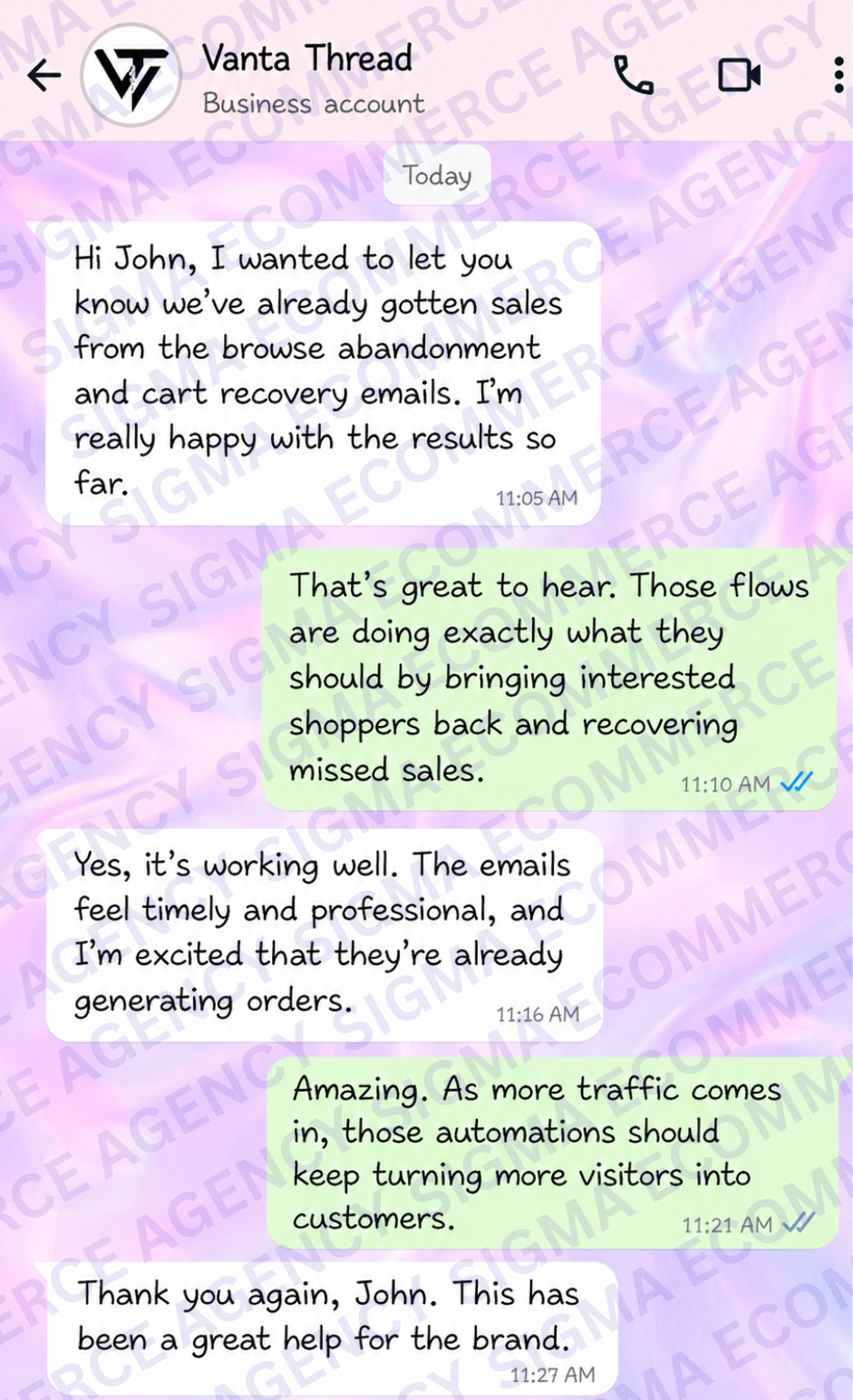 Client chat with Vanta Thread — sales from browse abandonment and cart recovery emails