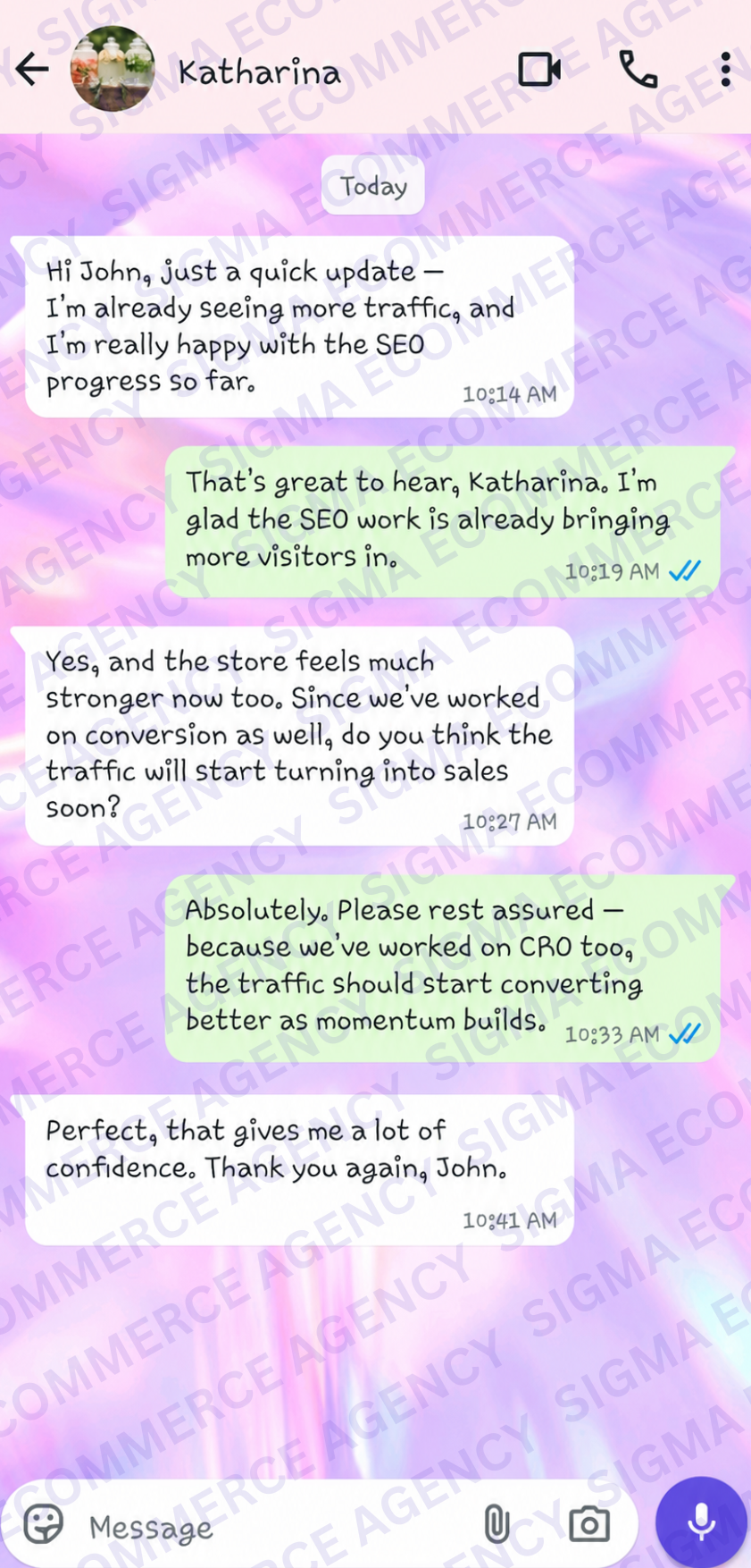 Client chat with Katharina — more traffic and SEO progress after working with Sigma