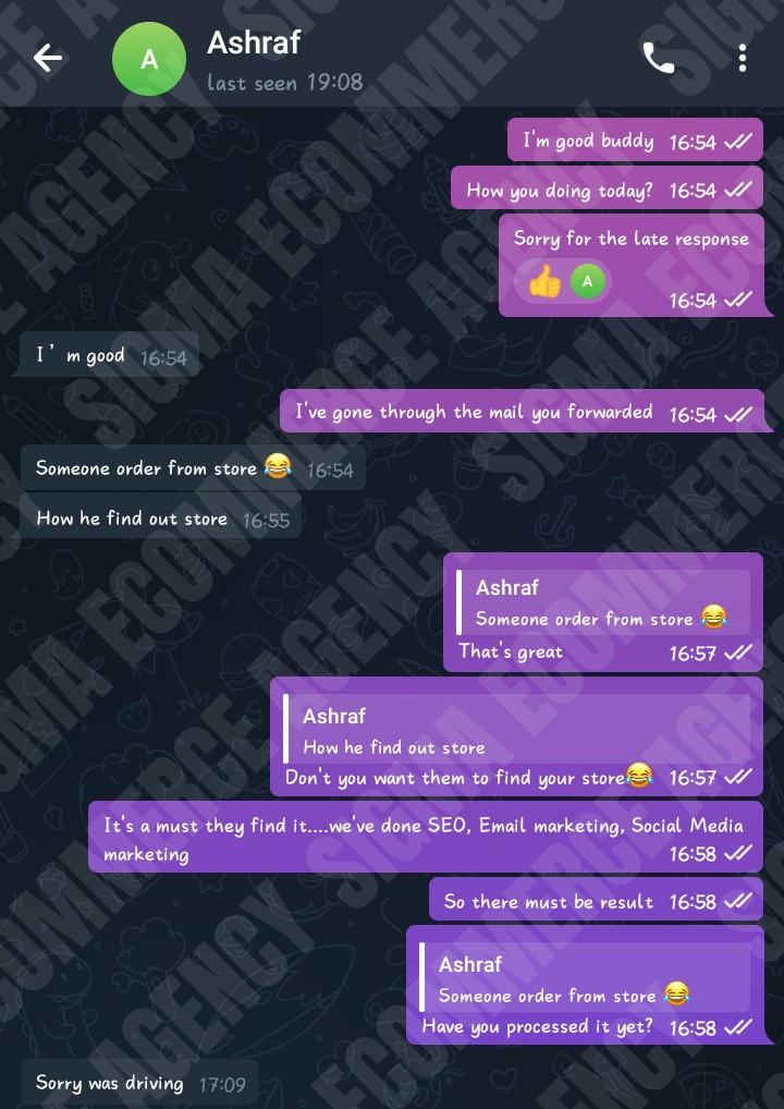 Client chat with Ashraf — first orders coming in after SEO and marketing