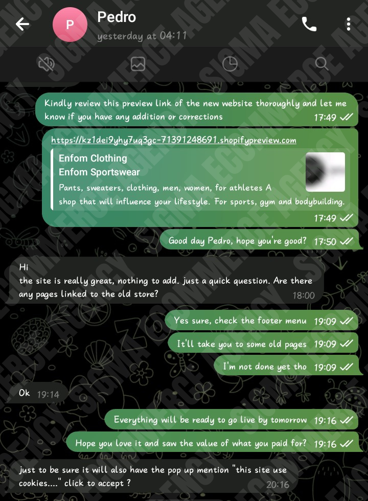 Client chat with Pedro — Enfom Sportswear preview review