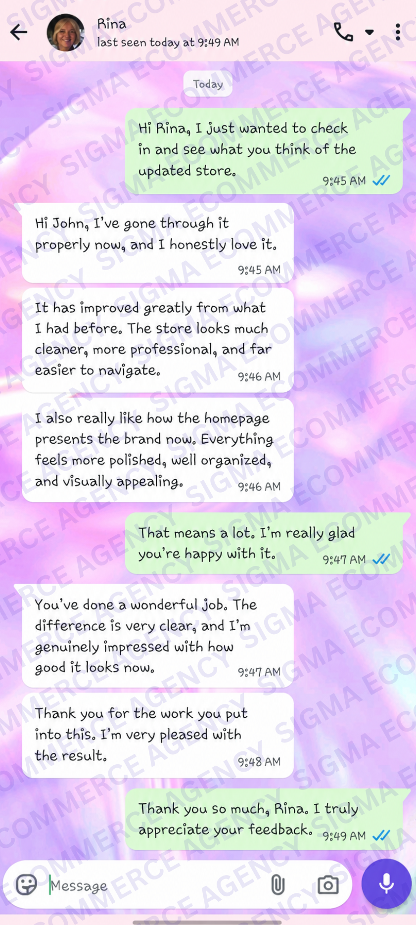 Client chat with Rina — feedback on the updated, cleaner store