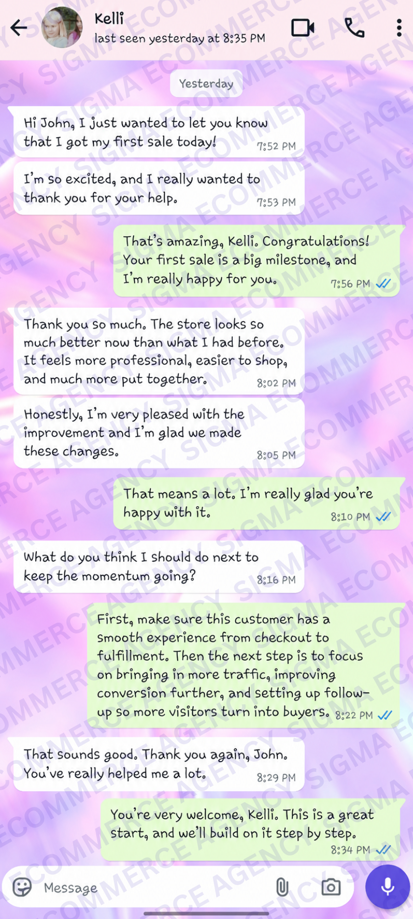 Client chat with Kelli — first sale after the store rebuild