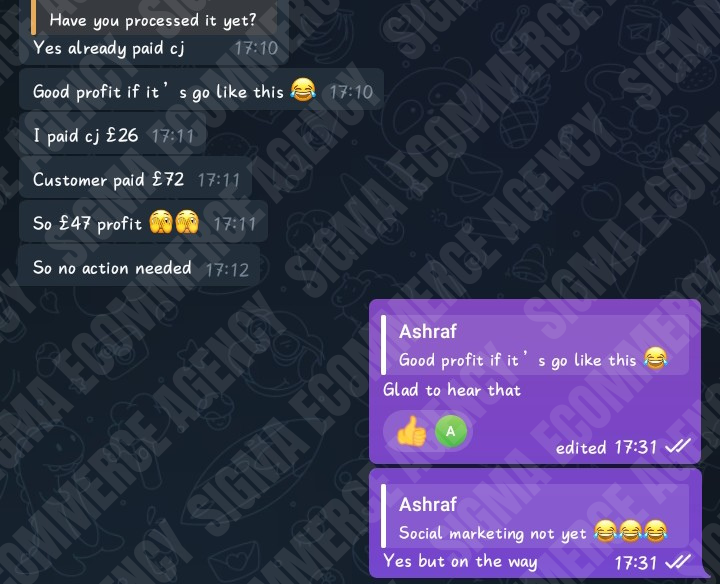 Client chat with Ashraf — £47 profit on first order after launch